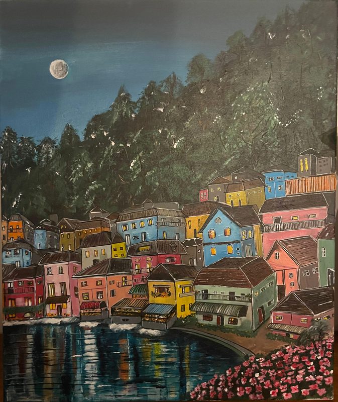 Harbour Lanterns by Deepti Dasika: Moonlit harbour town: stacked pastel houses glowing at the waterline, dark forested hill, pink blossoms in the foreground.