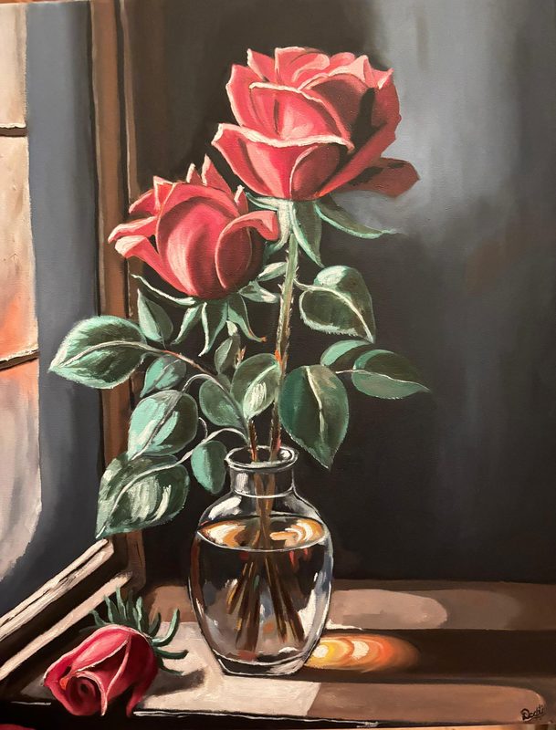 Two Roses at Dusk shown on a wall